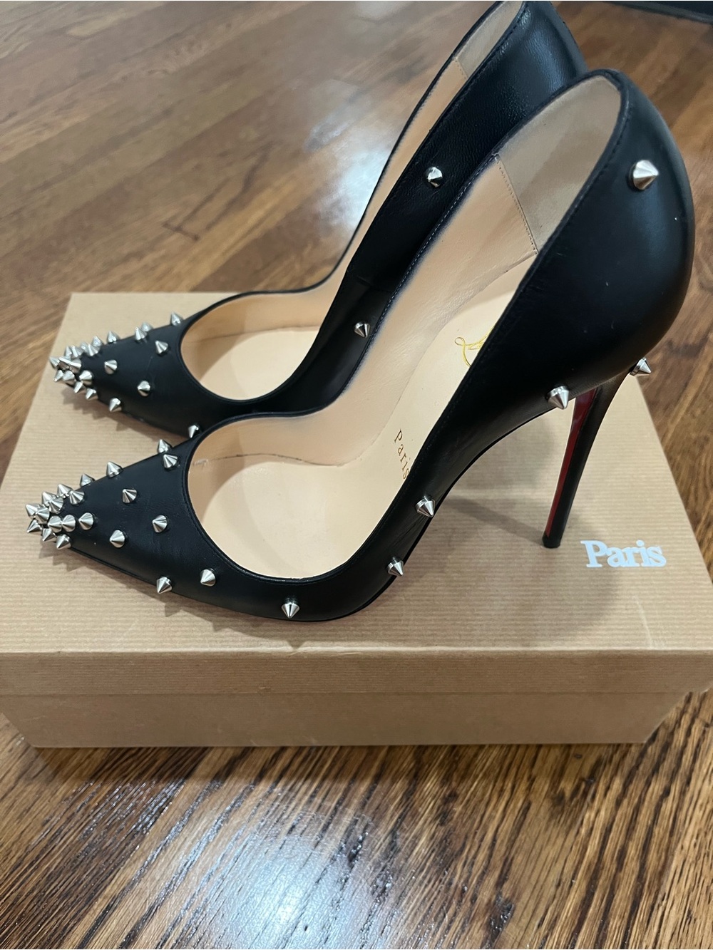 Christian Louboutin Black Leather Studded Pointed-Toe - Picture 2 of 5